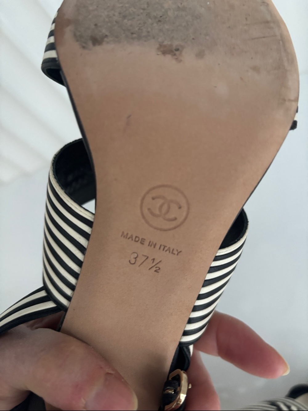 CHANEL Black and White Striped Slingback Heels with CC Accent - Picture 5 of 7